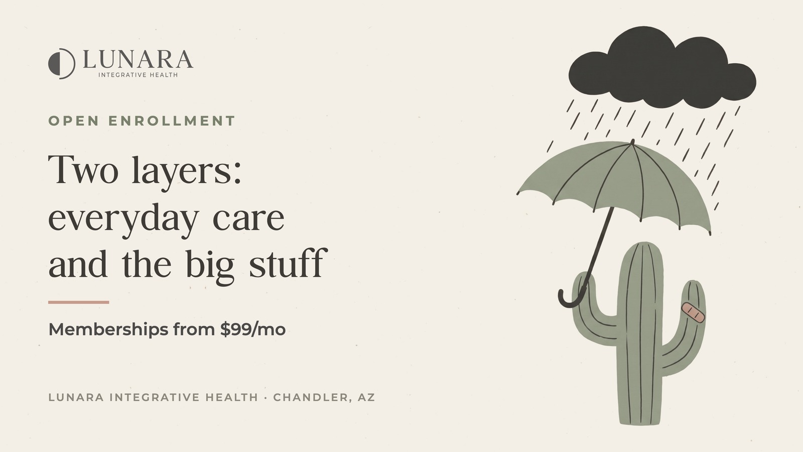 Two layers: everyday care and the big stuff. Illustration of a saguaro cactus with a bandage, holding an umbrella under a rain cloud.