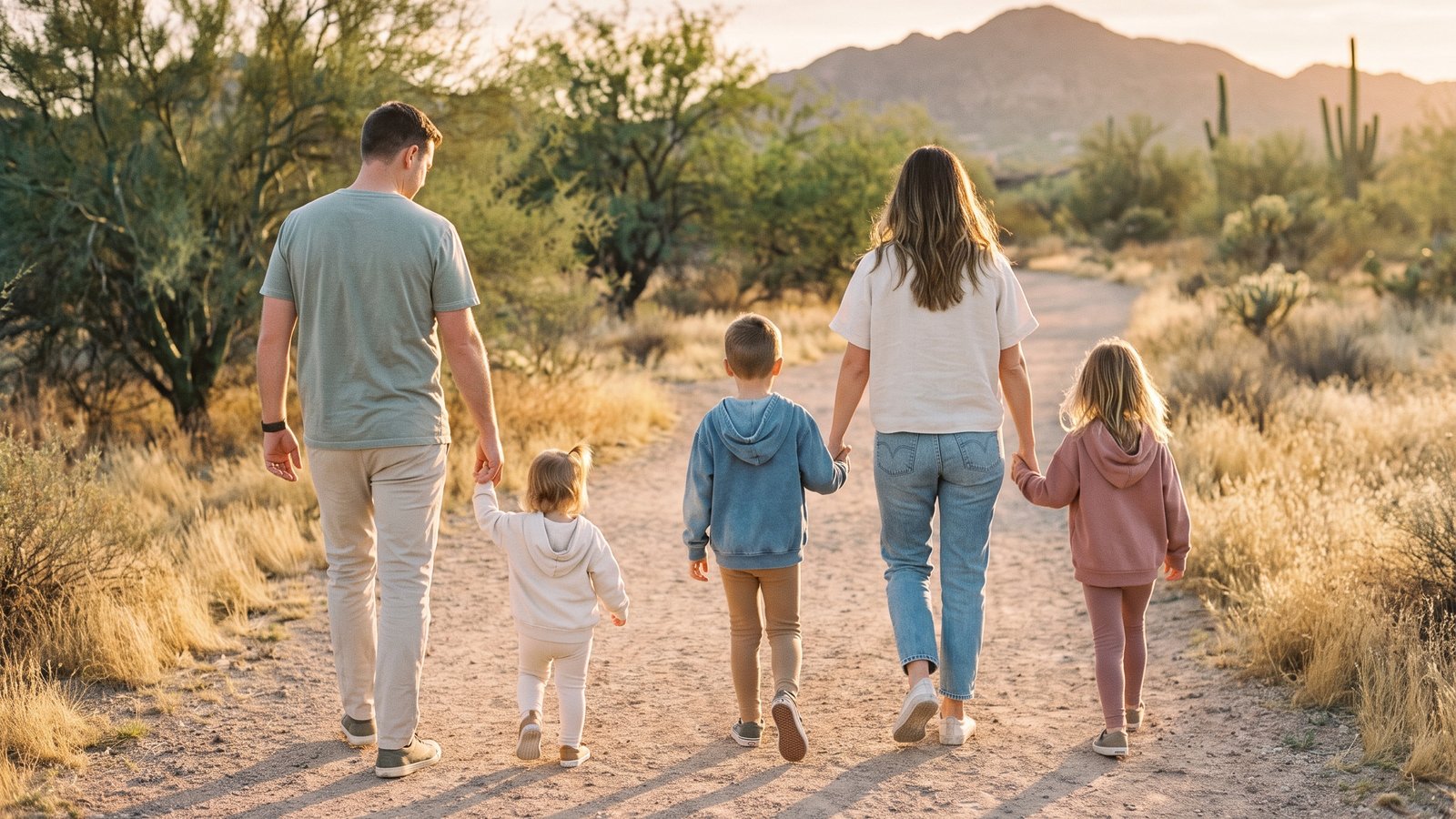 A family of five walking a desert trail together near Chandler, AZ at sunset