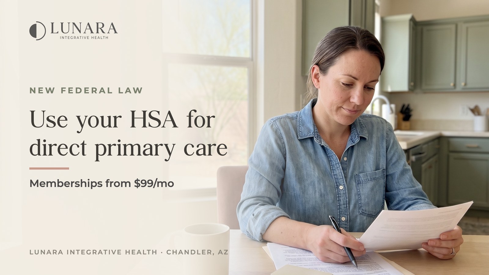 New federal law: use your HSA for direct primary care. A woman reviewing health plan paperwork at her kitchen table.